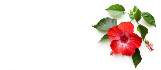 Poster - Red hibiscus flower with green leaves on white background Copy Space