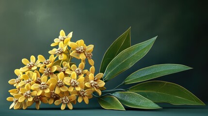 Poster - Bright yellow flowers with green leaves on dark background with Copy Space for text placement.