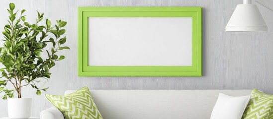 Poster - Modern living room interior with green picture frame on wall, decorative plant, and lamp, featuring Copy Space for text placement.