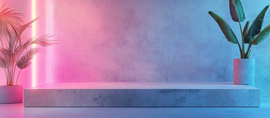Poster - Modern empty studio with colorful neon lights and plants in pots, concrete stage and pastel gradient wall for product display or exhibitions, Copy Space