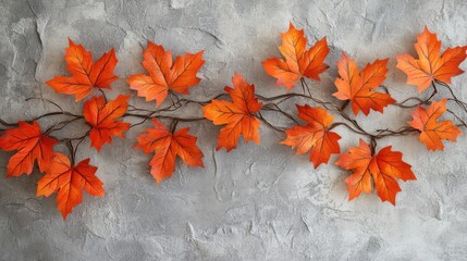 Poster - Autumn leaves arrangement on textured gray background with copy space for text insertion.