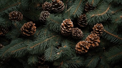 Poster - Pine cones scattered among lush green pine tree branches with dark background Copy Space