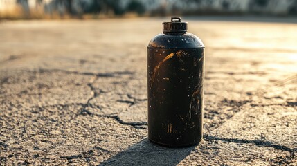 Poster - Old spray paint canister on cracked pavement with dramatic lighting and shadows Copy Space
