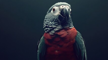 Poster - Detailed close-up of a parrot with vivid plumage and intricate feather patterns on a dark background. Copy Space available.