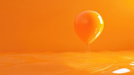 Poster - Single orange balloon floating above a smooth orange background with reflective surface and copy space for text.