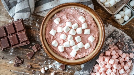 Poster - Chocolate dessert dip with marshmallows on top arranged on a rustic wooden table with chocolate bars and scattered ingredients Copy Space