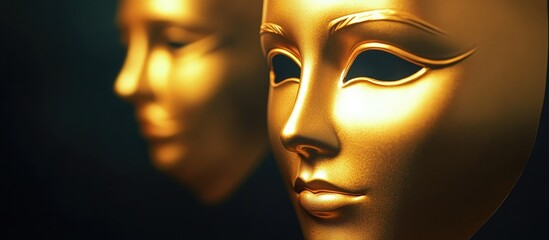 Aufkleber - Golden theatrical masks with a soft focus background featuring copy space for text placement.