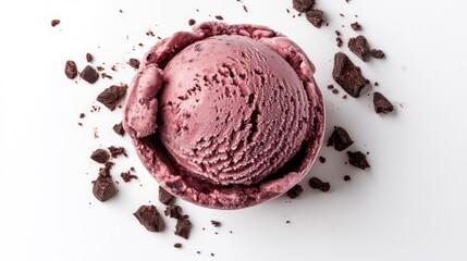 Poster - Purple berry ice cream scoop in a bowl with crushed chocolate on a white background Copy Space
