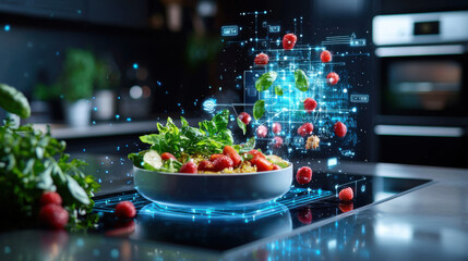 Aufkleber - modern kitchen scene featuring smart appliances preparing fresh salad with floating ingredients and digital elements, showcasing innovation and technology in cooking
