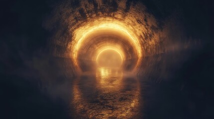 Poster - Glowing Circular Light in Dark Sewer Tunnel with Reflections and Copy Space