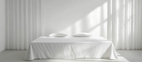 Poster - Minimalist bedroom interior with white bed linens and pillows sunlight casting shadows on walls Copy Space