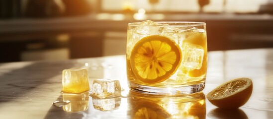 Poster - Glass of refreshing citrus beverage with ice cubes and lemon slices on a marble table illuminated by natural sunlight Copy Space
