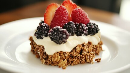 Poster - Berry and Granola Parfait with Yogurt on White Plate Copy Space
