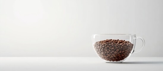 Poster - Coffee beans in a transparent glass cup on a simple gray background with Copy Space for text placement.