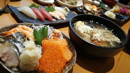Poster - Japanese cuisine assortment featuring sushi sashimi and seafood with miso soup on wooden table with Copy Space.