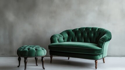 Aufkleber - Elegant green velvet tufted sofa and ottoman against a textured grey wall with Copy Space for design purposes