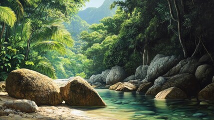 Poster - Tropical river landscape with large rocks and lush green vegetation in a serene natural setting Copy Space