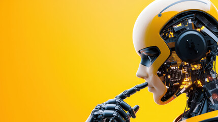 Aufkleber - futuristic AI robot with intricate details, featuring yellow exterior and thoughtful expression against vibrant yellow background
