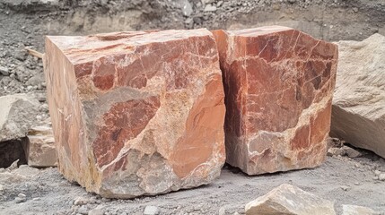 Wall Mural - Two large blocks of reddish marble stone with detailed surface textures in a gravel background, Copy Space