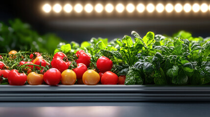 Leinwandbilder - Fresh tomatoes and leafy greens in modern farming setup, showcasing vibrant colors and healthy produce. This highlights integration of technology in agriculture