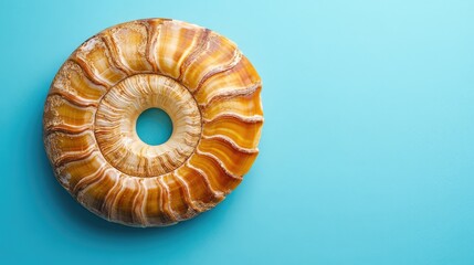 Poster - Ammonite fossil on blue background with round shape and vivid coloration and Copy Space for text placement