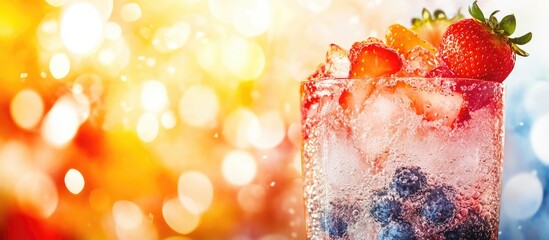 Poster - Colorful sparkling drink in glass with strawberries and blueberries on bright background with bokeh and copy space for text