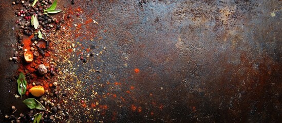 Poster - Colorful spices and herbs scattered on a dark metallic surface with Copy Space for text placement