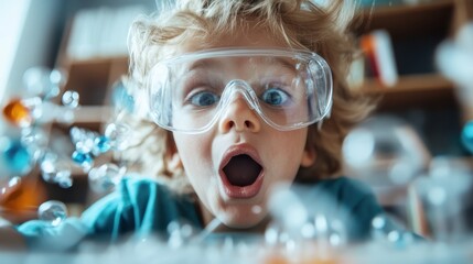 a child with wide eyes and goggles shows amazement as colorful science molecules and atoms float aro