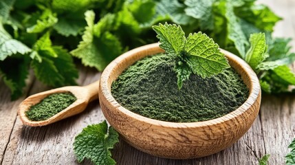 Poster - Green herbal powder in a wooden bowl with fresh mint leaves on a rustic wooden surface surrounded by foliage Copy Space