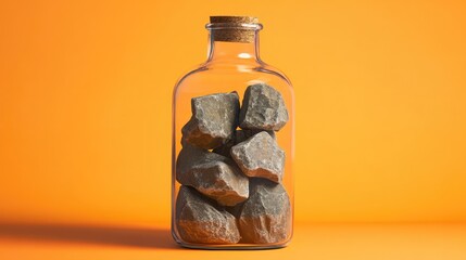 Poster - Glass bottle filled with gray stones on bright orange background with copy space for text