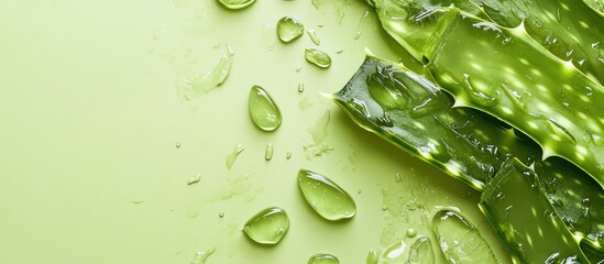 Aufkleber - Fresh green aloe vera leaves with water droplets on light green background featuring ample copy space.