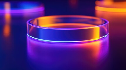 Poster - Abstract circular glass shapes with neon blue and orange light reflections on dark background Copy Space