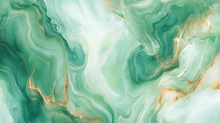 Poster - Green and Gold Abstract Marble Background with Flowing Patterns Copy Space