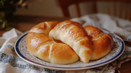 Poster - Freshly baked golden croissants on a decorative plate placed on a textured fabric with natural lighting and soft background. Copy Space.