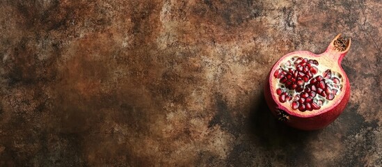 Poster - Pomegranate fruit split in half on textured brown surface with copy space for text