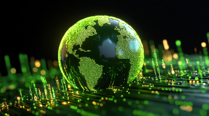 Poster - Futuristic globe made of digital binary, glowing green lights, representing technology and innovation. captivating visual of digital world