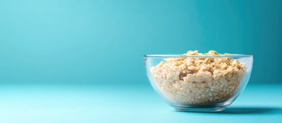 Poster - Bowl of cooked oatmeal on a turquoise background with Copy Space for text placement
