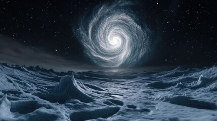 Aufkleber - Abstract cosmic landscape with swirling galaxy in night sky over icy terrain and distant horizon with stars Copy Space