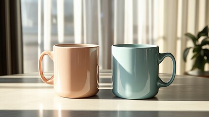 Poster - Two ceramic coffee mugs in pastel colors placed on a light wooden table with natural sunlight and soft shadows creating a cozy atmosphere Copy Space