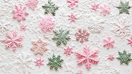 Poster - Colorful snowflakes and decorations on white background with Copy Space. Ideal for winter and holiday themes.
