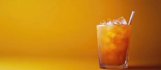 Aufkleber - Orange cocktail with ice in a glass on bright yellow background with copy space for text