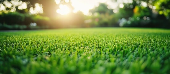 Poster - Green grass field during sunset with soft sunlight filtering through trees and ample copy space for text insertion