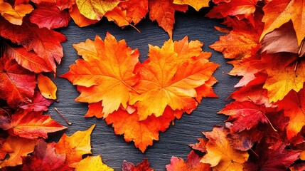Poster - Autumn leaves arranged in a heart shape on a dark wooden surface with additional scattered leaves and Copy Space for text.