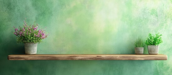 Poster - Wooden shelf with potted plants against a textured green wall Copy Space