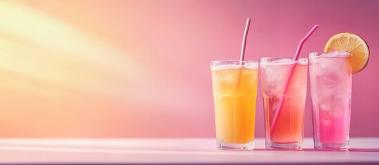 Poster - Colorful fruit cocktails in clear glasses with straws, lemon slice garnish, on a light pink background with Copy Space for text.
