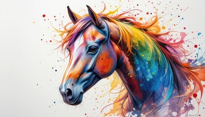  colorful horse painting portrait with splatter paint background. 