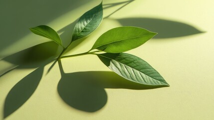 Poster - Green leaves with shadows on a light green background, natural texture and pattern, Copy Space available for text placement
