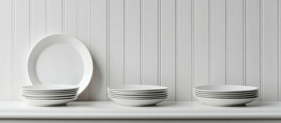 Poster - Stacked white plates on a shelf against a light wooden wall with copy space for text.