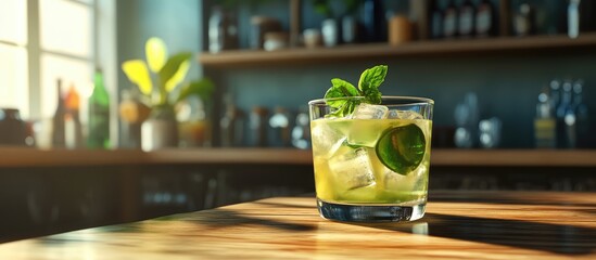 Aufkleber - Fresh cocktail with lime and mint on wooden table in bar setting with soft natural light and bottles in background Copy Space