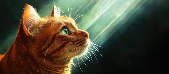 Poster - Orange cat with green eyes looking upwards towards light rays in a dark background, detailed fur texture, Copy Space.